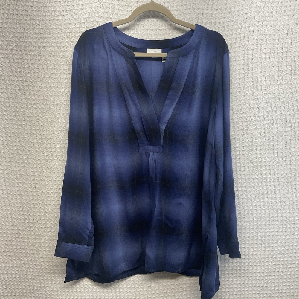 J.Jill Women Notch V-Neck Plaid Flannel Tunic Top Size XL Blue Long Sleeve Rayon